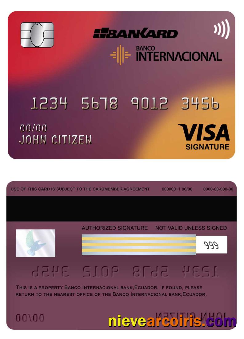 Ecuador Banco Internacional bank visa signature card screen